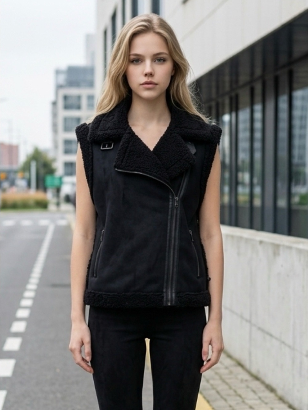 OAK + FORT Black Shearling-Lined Sleeveless Moto Vest